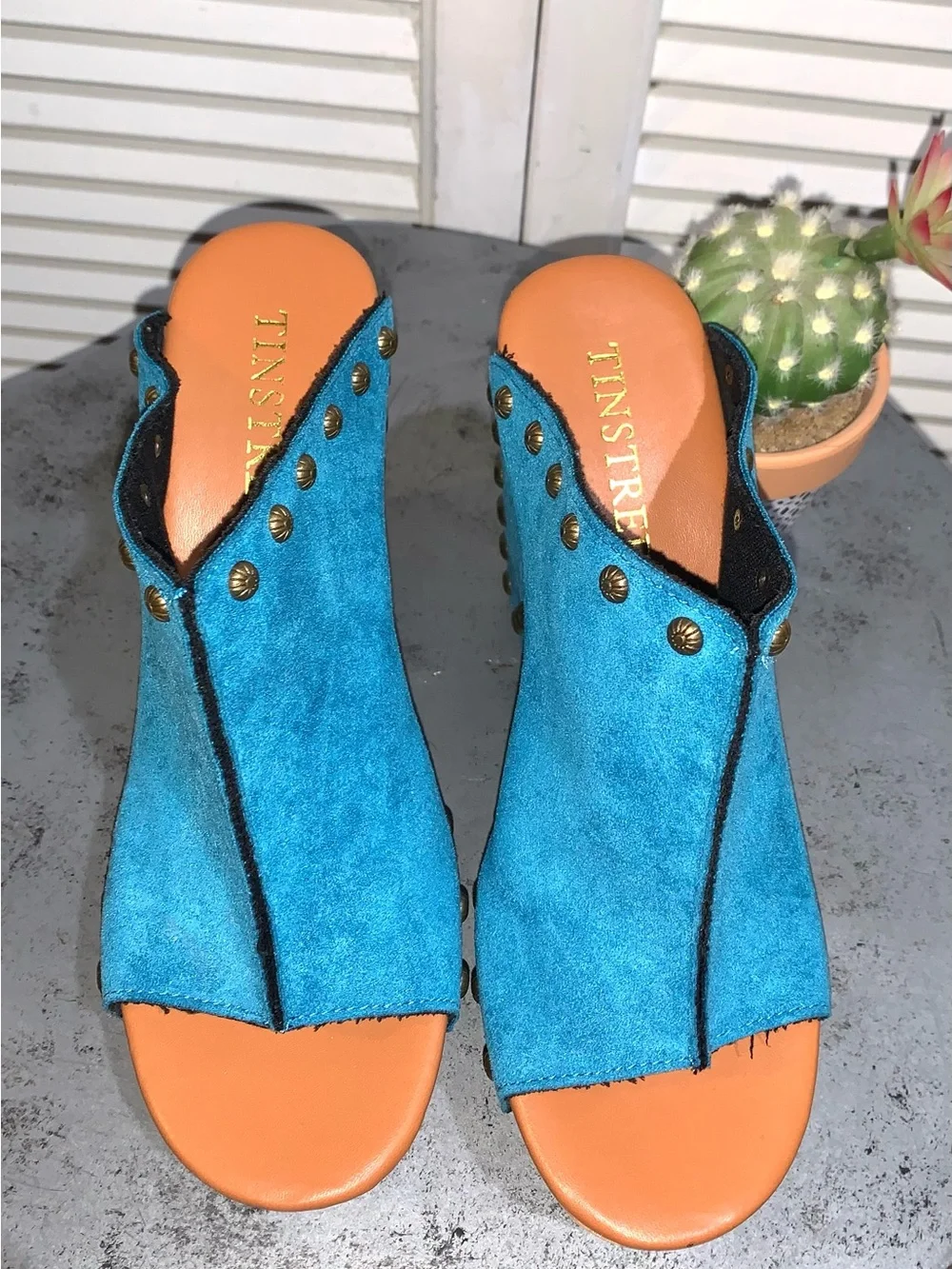 Tinstree Turquoise Vegan Suede Platform Mules Studded Heeled Clogs